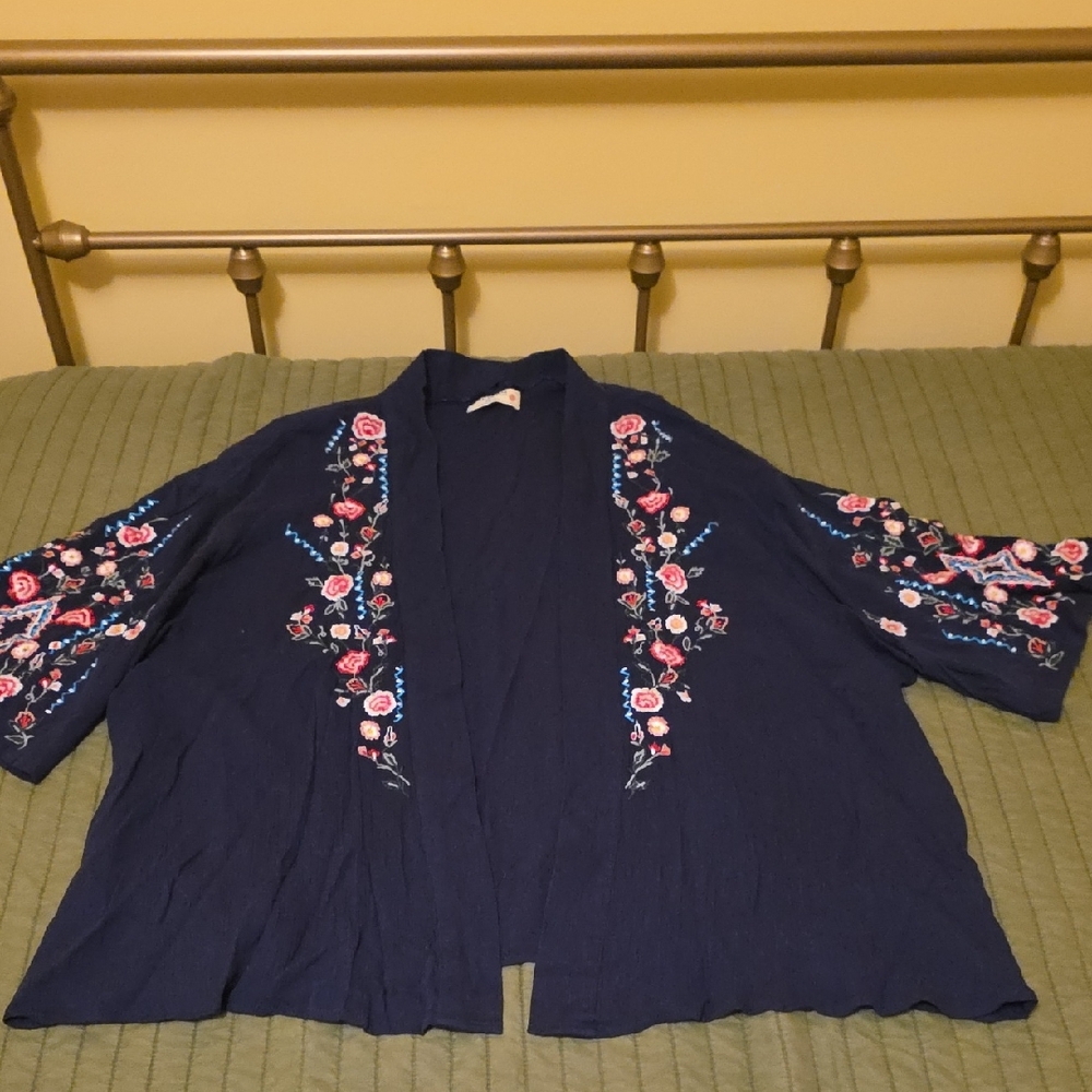 Navy Embroidered Kimono Cardigan